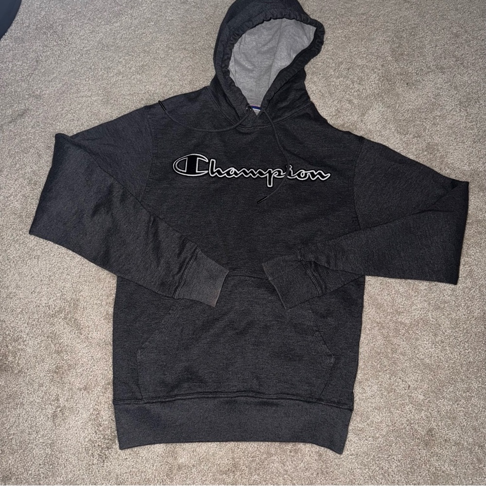 Champion Script Logo Pullover Hoodie – Dark Heather Gray – Men’s Small